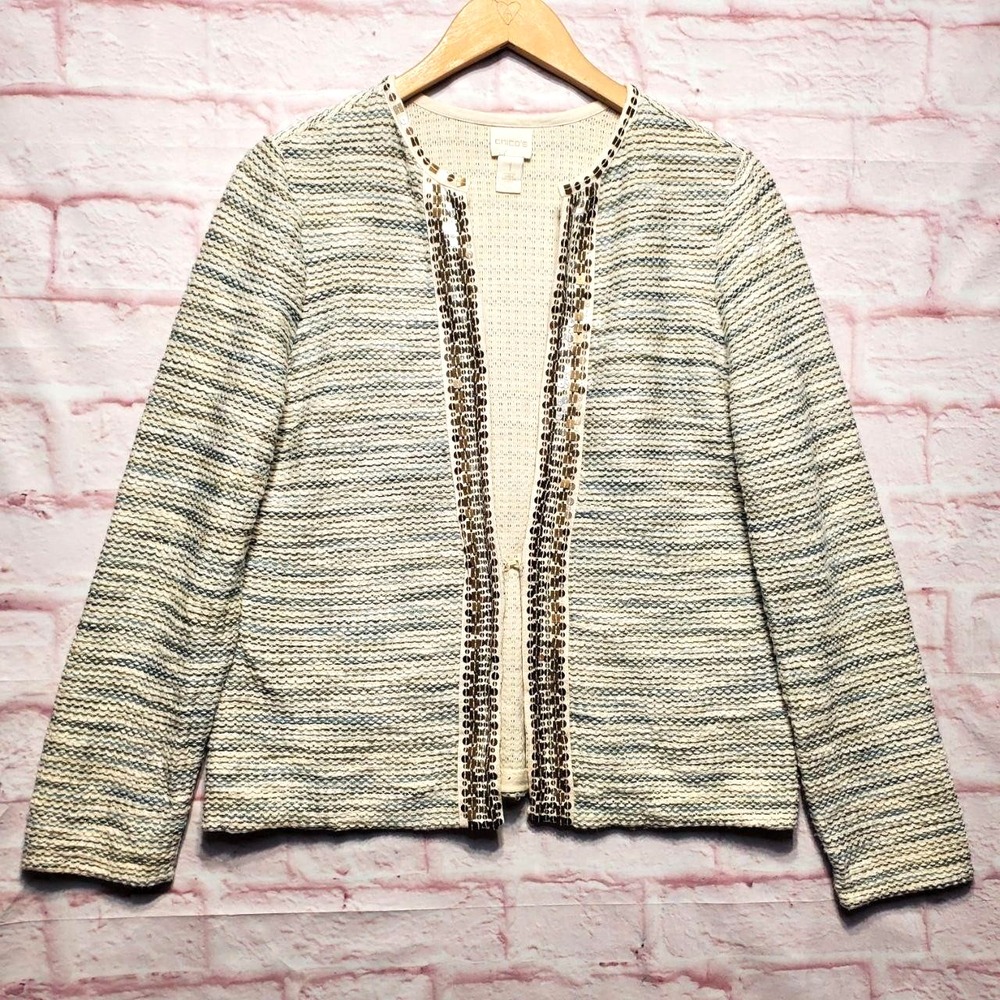 Chicos Sweater Jacket Womens Medium White Blue Sequin‎ Trim Costal Chic Cardigan